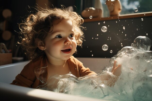 Schöne, glückliche Kinder spielen zu Hause mit Wasser-, Seifen- und Schaumblasen im Küchenbecken