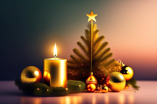 Schöne goldene Kerze in Form eines Weihnachtsfeuers und weihnachtsdekoration in Form eines Sterns o