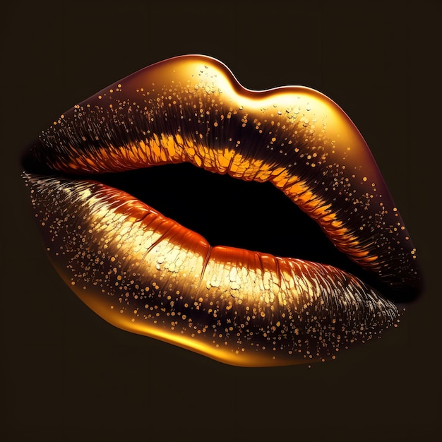 Schöne goldene Lippen goldfarbener Lippenstift Perfekte Lippen Nahaufnahme auf dunklem Hintergrund Goldflüssigkeitstropfen 3D-Darstellung