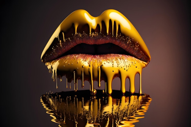 Schöne goldene Lippen goldfarbener Lippenstift Perfekte Lippen Nahaufnahme auf dunklem Hintergrund Goldflüssigkeitstropfen 3D-Darstellung