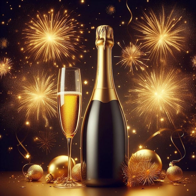 Schöne goldene und rote Champagnerflasche Neujahrsfeier mit Champagner Neujahrssfeier
