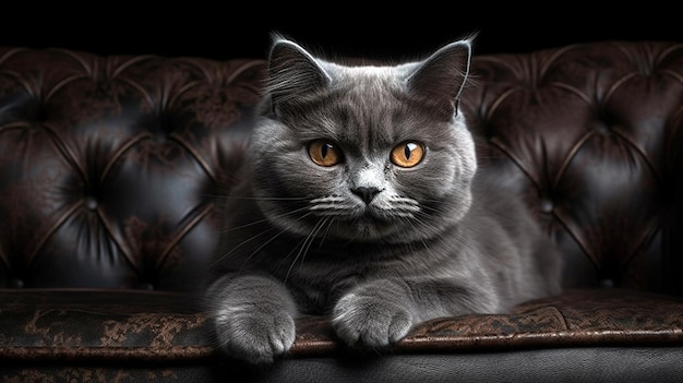 Schöne graue Katze, die auf einem weichen Stuhl liegt. Hauskatze mit langen Haaren auf einem Sofa. Generative KI