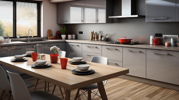 Schöne graue moderne Küche in einem Luxusapartment mit generativen KI-Geräten aus Edelstahl