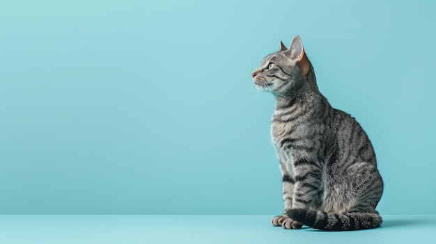 Schöne graue Tabbie-Katze auf hellblauem Hintergrund, perfekt für Texte