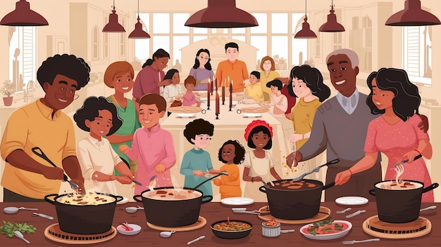 Schöne große Familie bereitet Essen in einer Küche vor