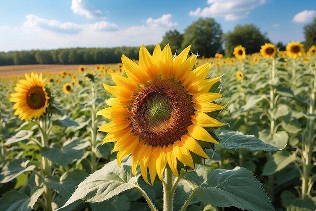 Schöne große Sonnenblumen auf einer Sommerwiese bei sonnigem Wetter horizontales Foto ohne Menschen