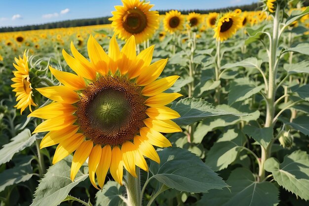 Schöne große Sonnenblumen auf einer Sommerwiese bei sonnigem Wetter horizontales Foto ohne Menschen