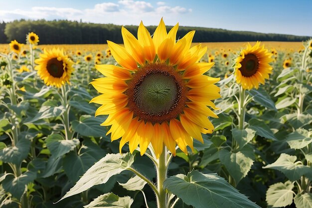 Schöne große Sonnenblumen auf einer Sommerwiese bei sonnigem Wetter horizontales Foto ohne Menschen