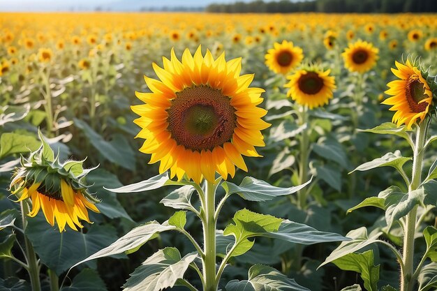 Schöne große Sonnenblumen auf einer Sommerwiese bei sonnigem Wetter horizontales Foto ohne Menschen