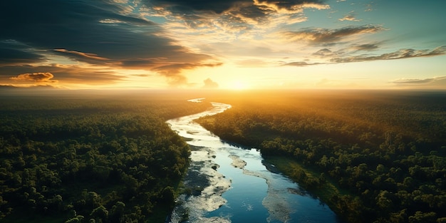 Schöne grüne Amazonas-Waldlandschaft bei Sonnenuntergang und Sonnenaufgang Abenteuer Erkundung von Air Drone View Vibe