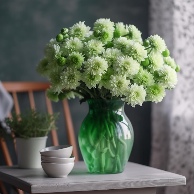 Schöne grüne Chrysanthemen in einer Vase auf dem Tisch im Sonnenlicht