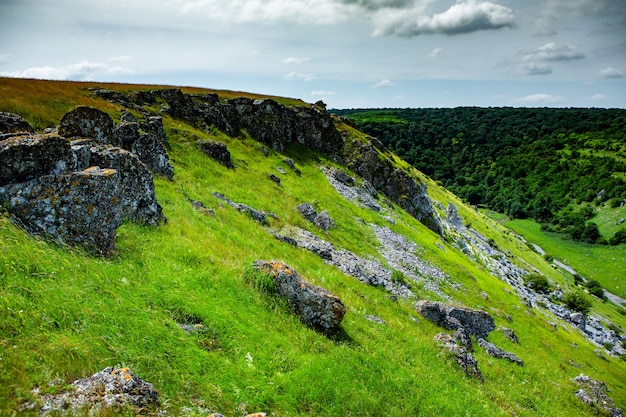 Schöne grüne Landschaften mit Hügeln, Wäldern und Felsen in Moldawien