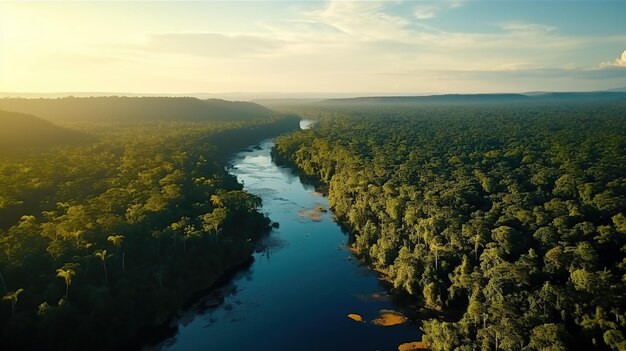 Foto schöne grüne waldlandschaft mit goldener stunde