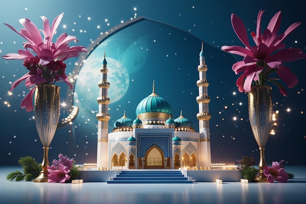 Schöne Grußkarte für das Eid Mubarak-Festival mit glänzender Moschee und Masjid