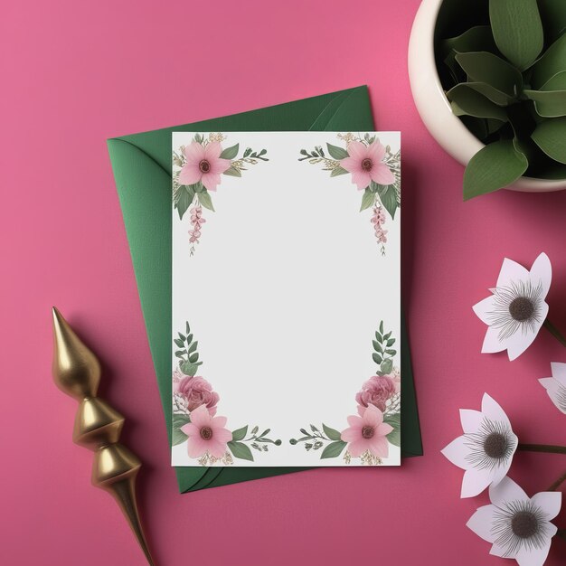 Foto schöne grußkarte mit leerem papier blumendekoration einladungskarte hochzeits-mockup