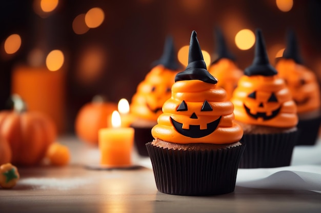 Schöne Halloween-Cupcakes mit Sahne und gruseligen Details