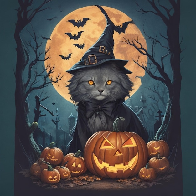 Schöne Halloween-Katze mit Hut, generative KI