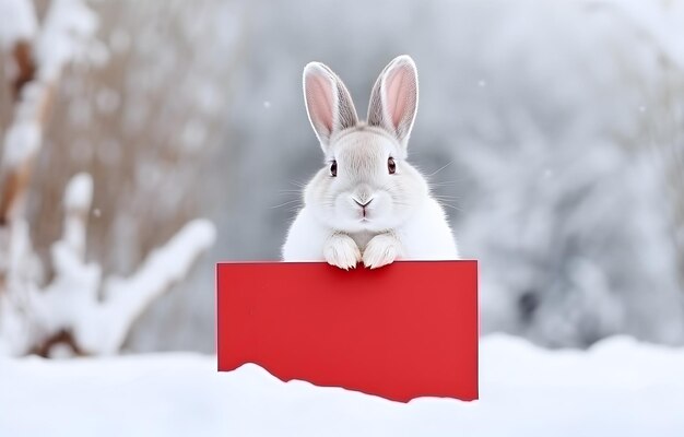 Schöne Hase hält weiße leere Zeichen in seinen Pfoten auf weißen verschwommenen Winter Schnee mit roten Herzen Natur