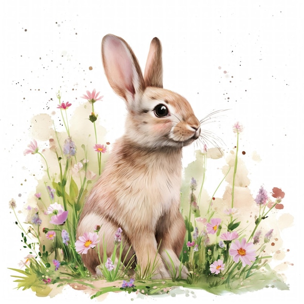 Schöne Hase in Gras, Pastellblumen, Aquarell-Illustration