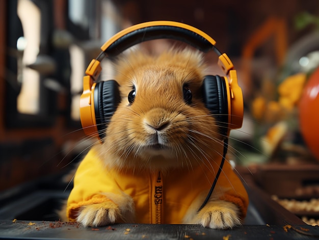 Schöne Hase mit gelben Kopfhörern und gelber Jacke hört Musik, die von AI generiert wird