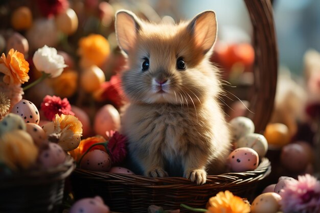 Schöne Hase mit Korb Ostereier und Frühlingsblumen Sonnenlicht