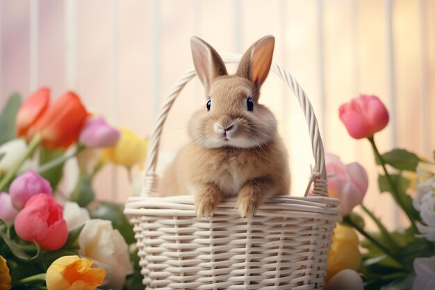 Schöne Hase mit Ostereiern und Frühlingsblumen auf einem hellweißen Hintergrund