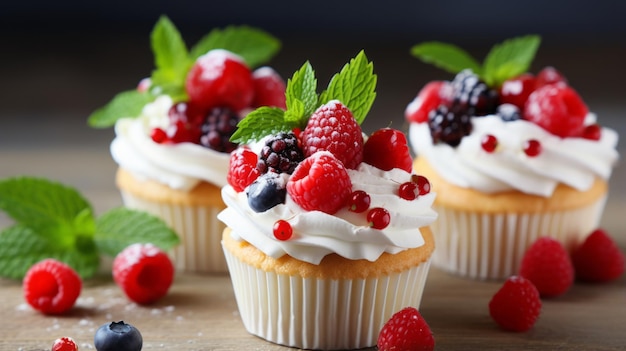 Schöne hausgemachte Cupcakes mit frischer Beerendekoration