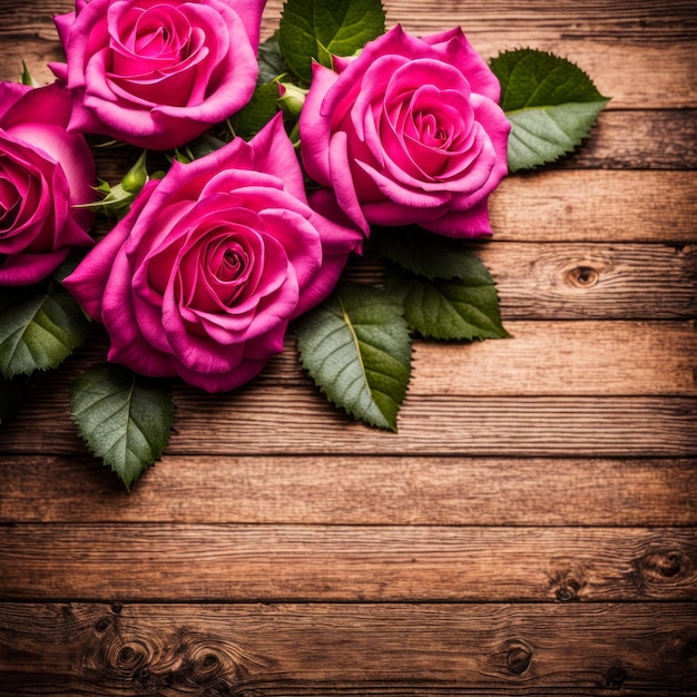 Schöne heiße rosa Rosen auf hölzernem Hintergrund