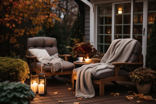 Schöne Herbst-Residenz-Hinterhof-Terrasse mit Außenstühlen gemütliche Herbst-Vibes