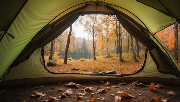 Schöne Herbst-Waldansicht aus dem Inneren eines Camping-Grünzeltes