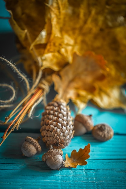 schöne Herbstblätter auf Holztisch