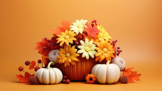 Schöne Herbstbouquet in Kürbis auf warmfarbenem Hintergrund, KI-generierte Illustration