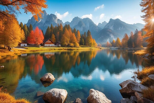 Schöne Herbstlandschaft des Hintersee-Sees Farbiger Morgenblick auf die bayerischen Alpen an der österreichischen Grenze Deutschland Europa Schönheit der Natur Konzept Hintergrund