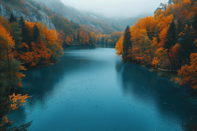 Schöne Herbstlandschaft mit Fluss und farbenfrohen Wald Blick von oben