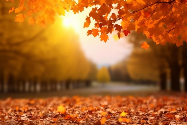 Schöne Herbstlandschaft mit gelben Bäumen und Sonne Farbiges Laub im Park Fallende Blätter natürlicher Hintergrund
