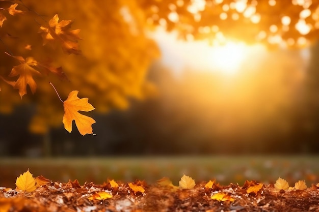 Schöne Herbstlandschaft mit gelben Bäumen und Sonne Farbiges Laub im Park Fallende Blätter natürlicher Hintergrund