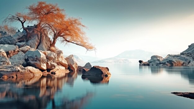 Schöne Herbstlandschaft mit Seefelsen und Baum, der über dem Wasser steht, KI-generierte Illustration