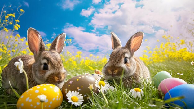 schöne Himmel Ostern Landschaft Kaninchen mit bunten Eiern und Gänseblümchen auf der WieseGenerative Ai