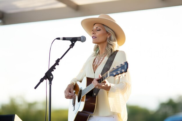 Schöne hipster blonde Haare Frau spielt Gitarre im Freien Hobby Musik und Kreativität Konzept