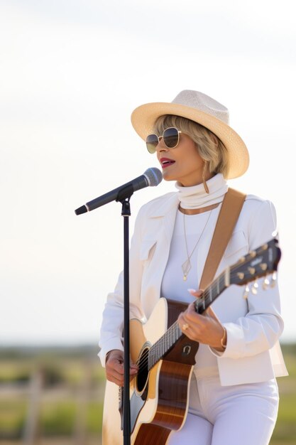 Schöne hipster blonde Haare Frau spielt Gitarre im Freien Hobby Musik und Kreativität Konzept