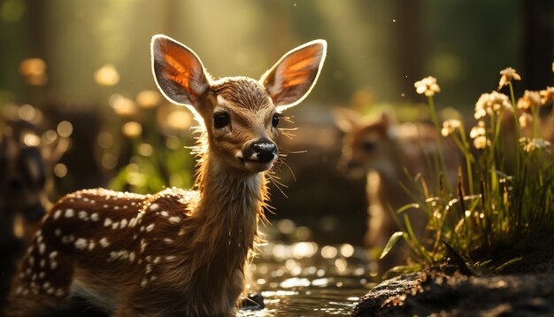 Foto schöne hirsche, die in eine kamera in einer grünen waldwiese schauen, die von künstlicher intelligenz erzeugt wurde