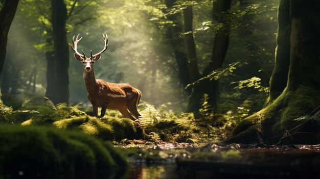 Schöne Hirsche gehen durch den dichten Wald. Tierfotografie-Bild Ai-generierte Kunst