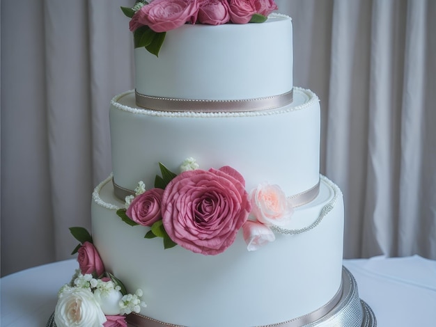 Schöne Hochzeitstorte mit großen Blumen ai generativ