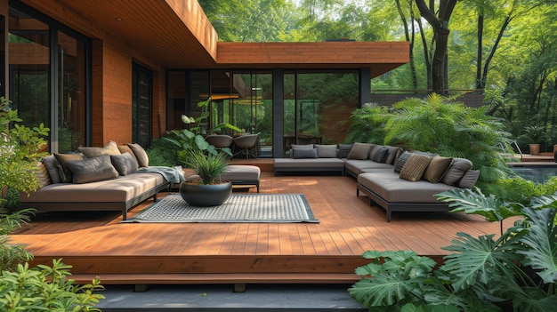 Schöne hölzerne Terrasse mit Gartenmöbeln und Grün umgeben von warmem Sommerwetter