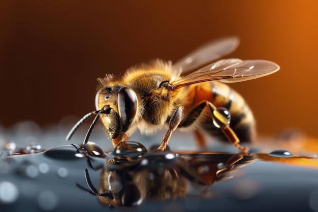 Schöne Honigbiene mit realistischer Körpermakroansicht Honigsammlerbiene, die Honigtropfen saugt Biene auf der Honigoberfläche, die süßen Honig sammelt Honigbiene mit realistischem Fell und Flügeln Generative KI