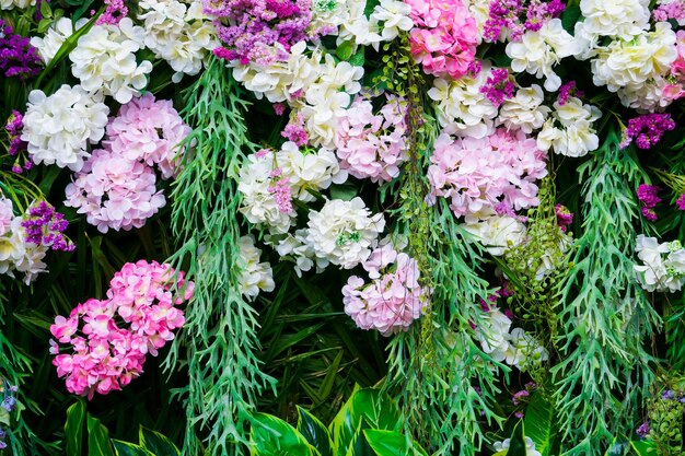 Schöne Hortensie-Blumenwand mit einer Vielzahl von Blumen für den Naturhintergrund