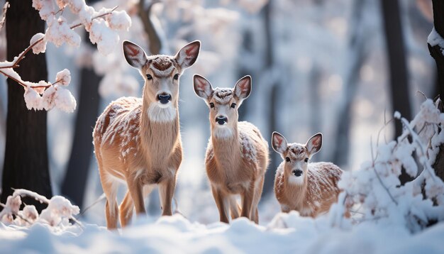 Schöne Hühne, die sich in einem schneebedeckten Winterwald an die Kamera schaut, erzeugt von KI