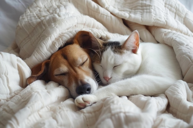 Schöne Hund und Katze schlafen zusammen im Bett unter einer Decke Freundschaft von niedlichen Haustieren Konzept