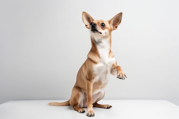 Schöne Hundeporträt eines schönen Hundes, der auf hinteren Beinen steht und Befehle ausführt, isoliert über einem weißen Studio-Hintergrund