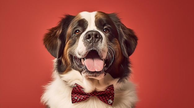 Schöne Hundeporträt von Saint Bernard mit Fliege auf pastellfarbenem Hintergrund